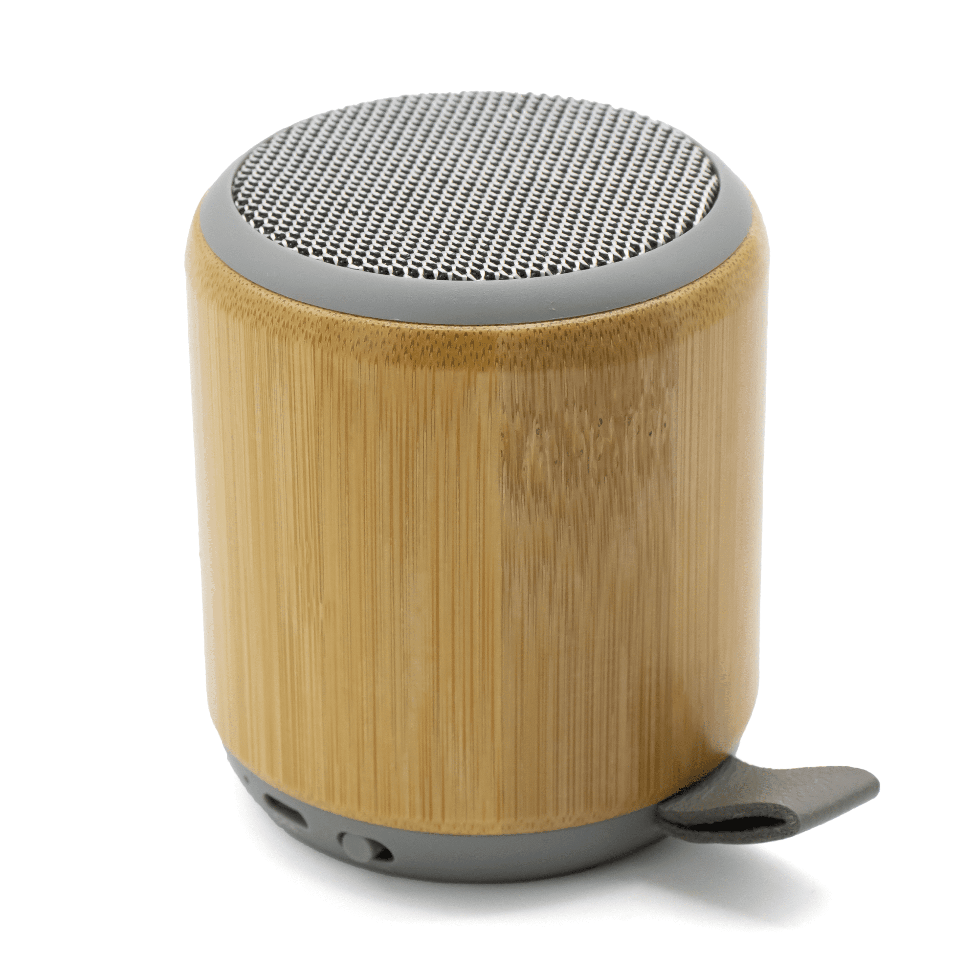 A compact speaker with a bamboo exterior and grey accents, featuring a textured mesh top.