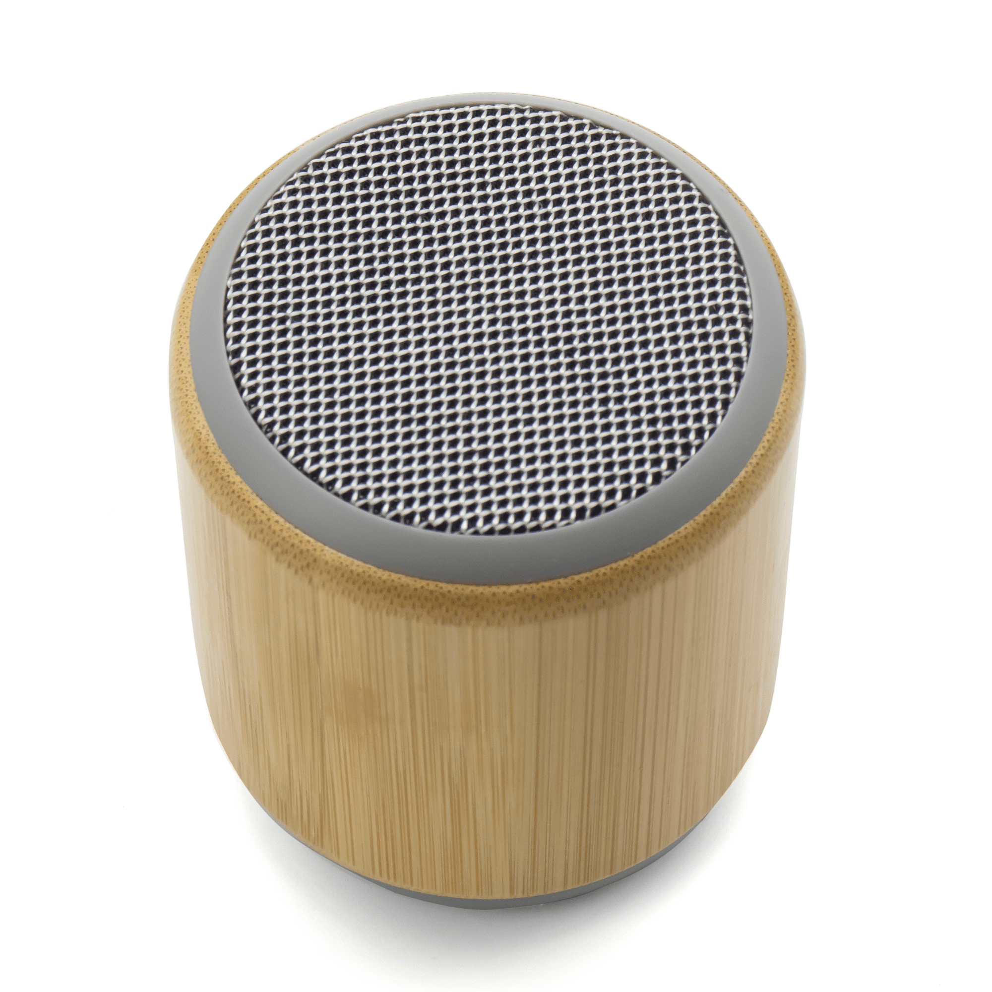 A bamboo speaker with a metal mesh top and a circular design, featuring a logo on the side.