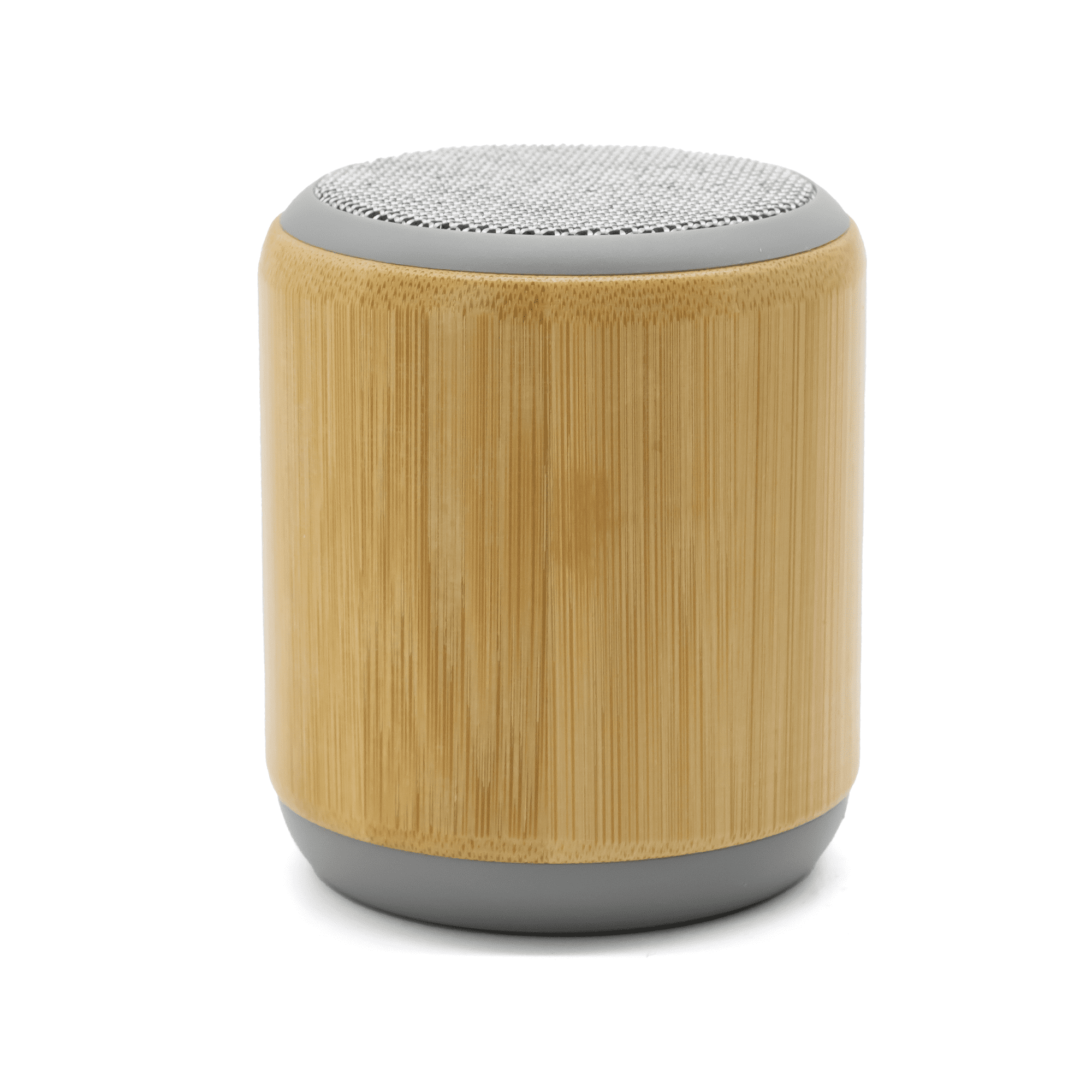 A cylindrical speaker in bamboo and grey, featuring a textured surface and a mesh speaker grille on top.