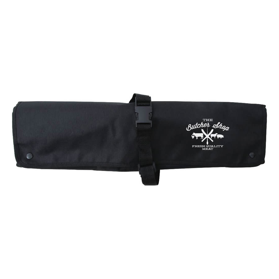 A black BBQ set bag, rolled up and secured with a strap, featuring a logo.
