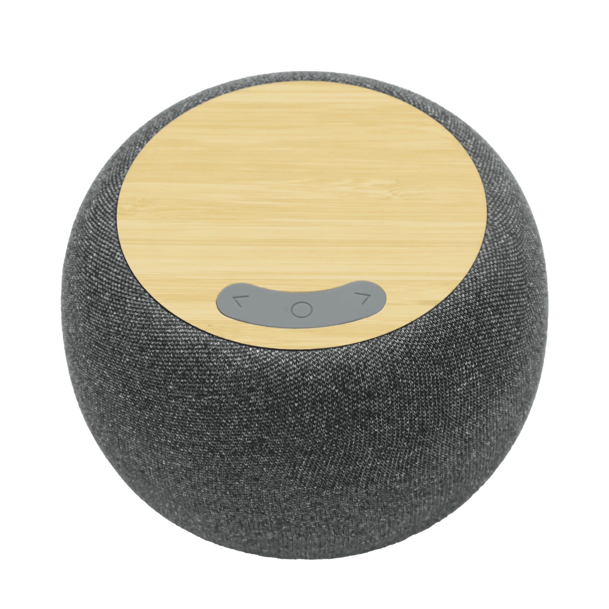 A round, charcoal grey wireless speaker with a bamboo top and a simple control panel. Branding appears on the speaker.
