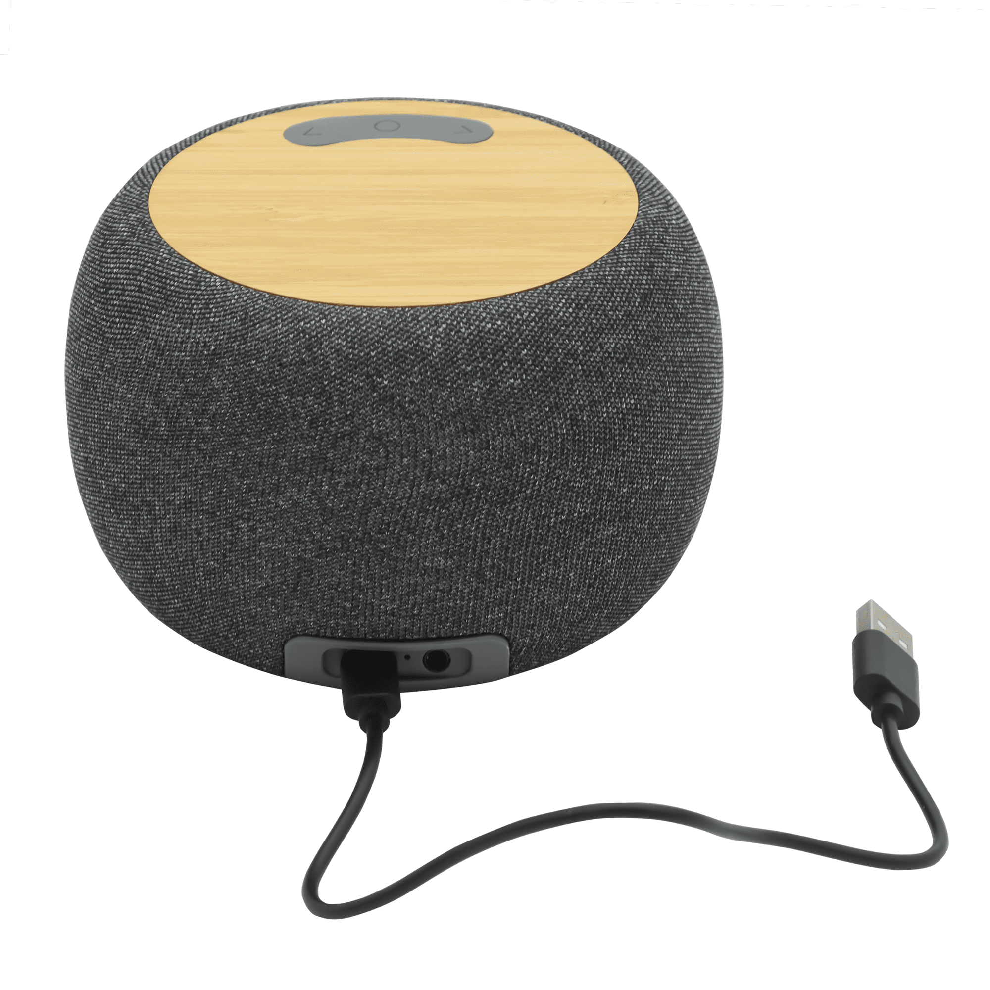A round, grey wireless speaker with a bamboo top and a USB connection cable. It features a logo on the body.
