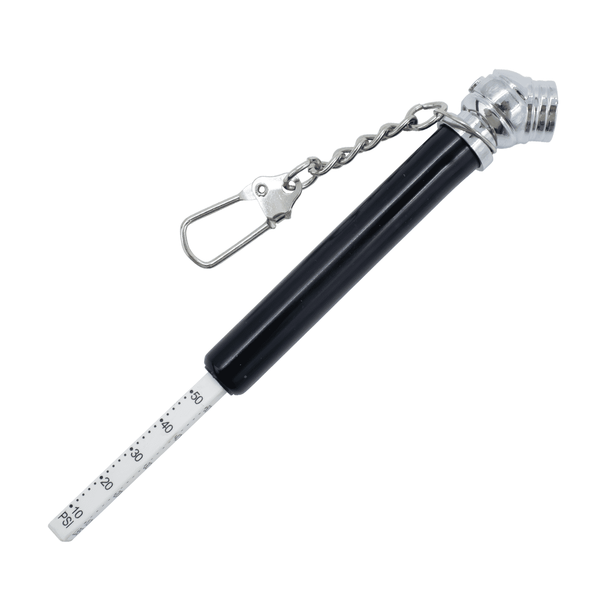A black and silver key chain tyre gauge with a metallic clip and measurement markings.
