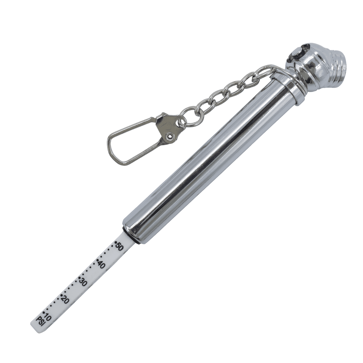 A silver key chain tyre gauge with a chain and clip, featuring a measuring stick marked in increments.