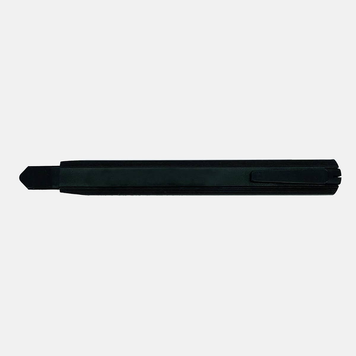 A slimline black retractable box cutter with a clip for easy attachment, featuring a sleek design and branding.