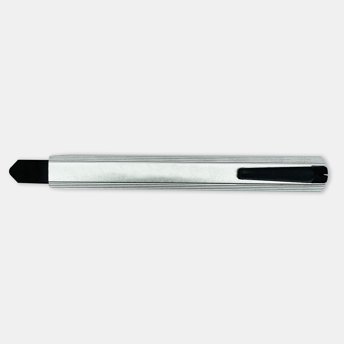 A sleek silver Slimline Retractable Box Cutter with a black blade and a built-in keyring attachment.