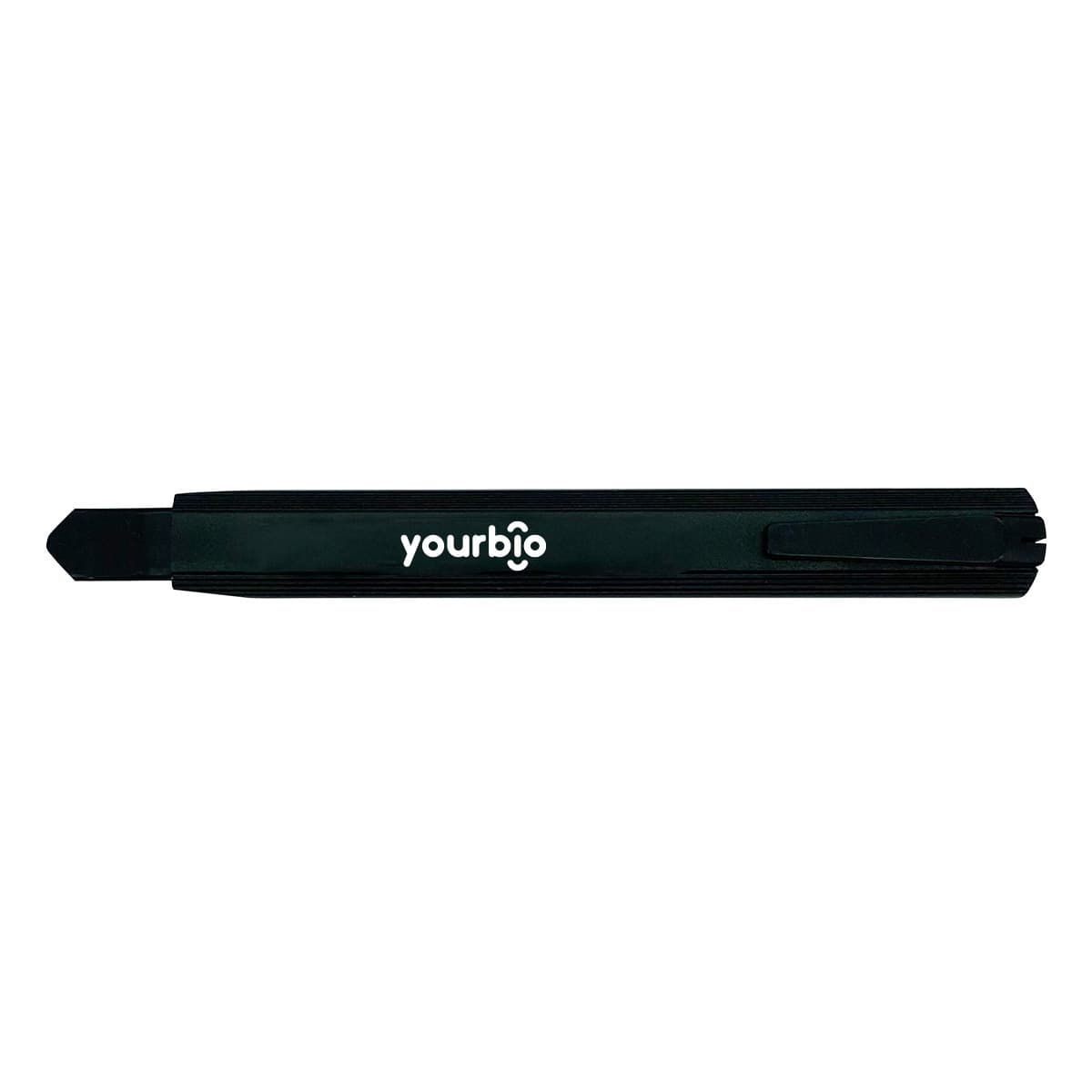 A slimline retractable box cutter in black with a logo. It features a compact design for easy storage.