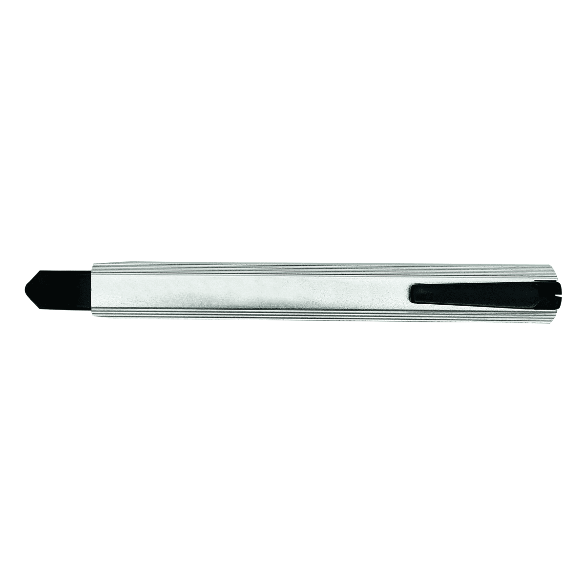 A silver slimline retractable box cutter with a black sliding mechanism and a keyring attachment.