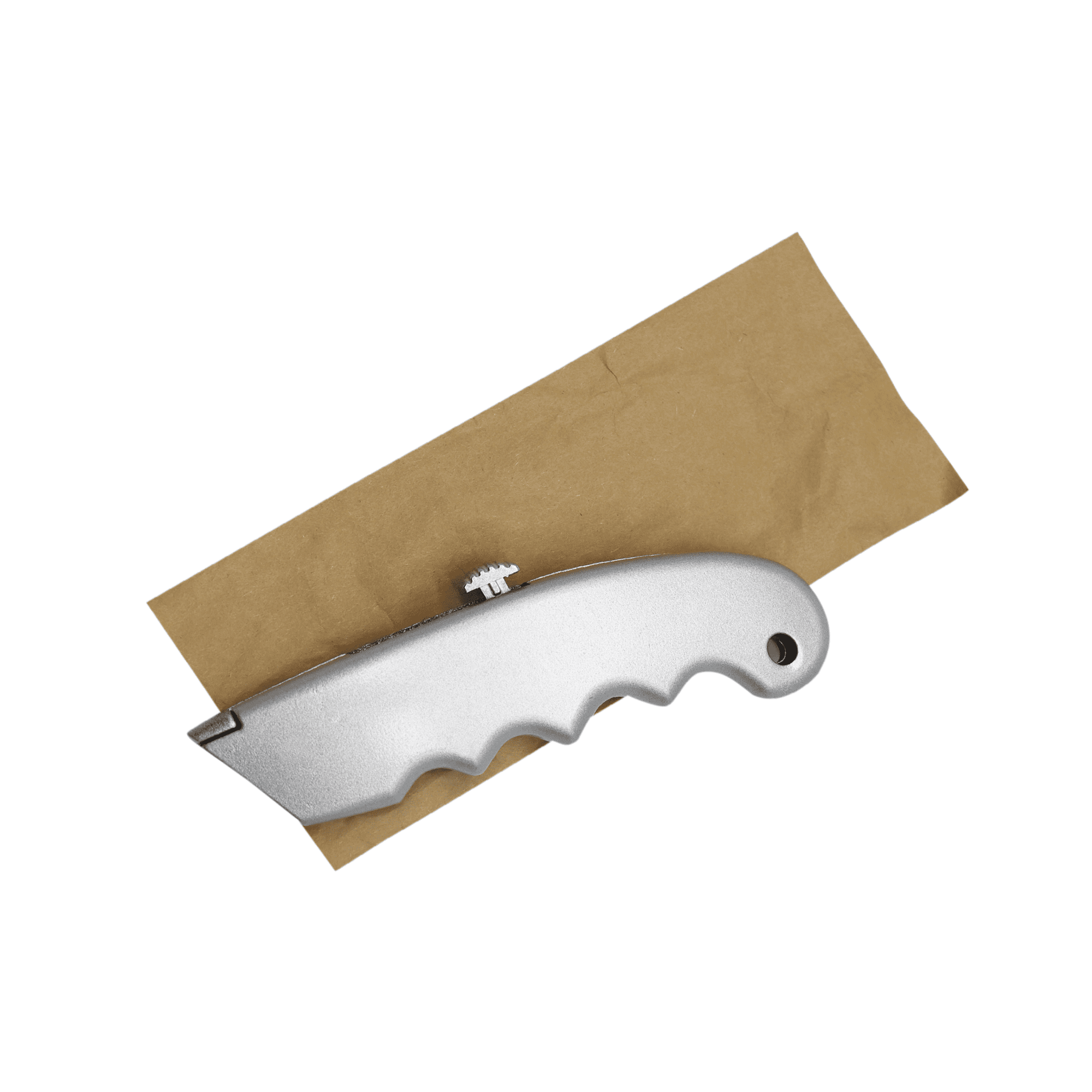 A silver cutter with a textured grip positioned on brown packaging paper, featuring a logo.