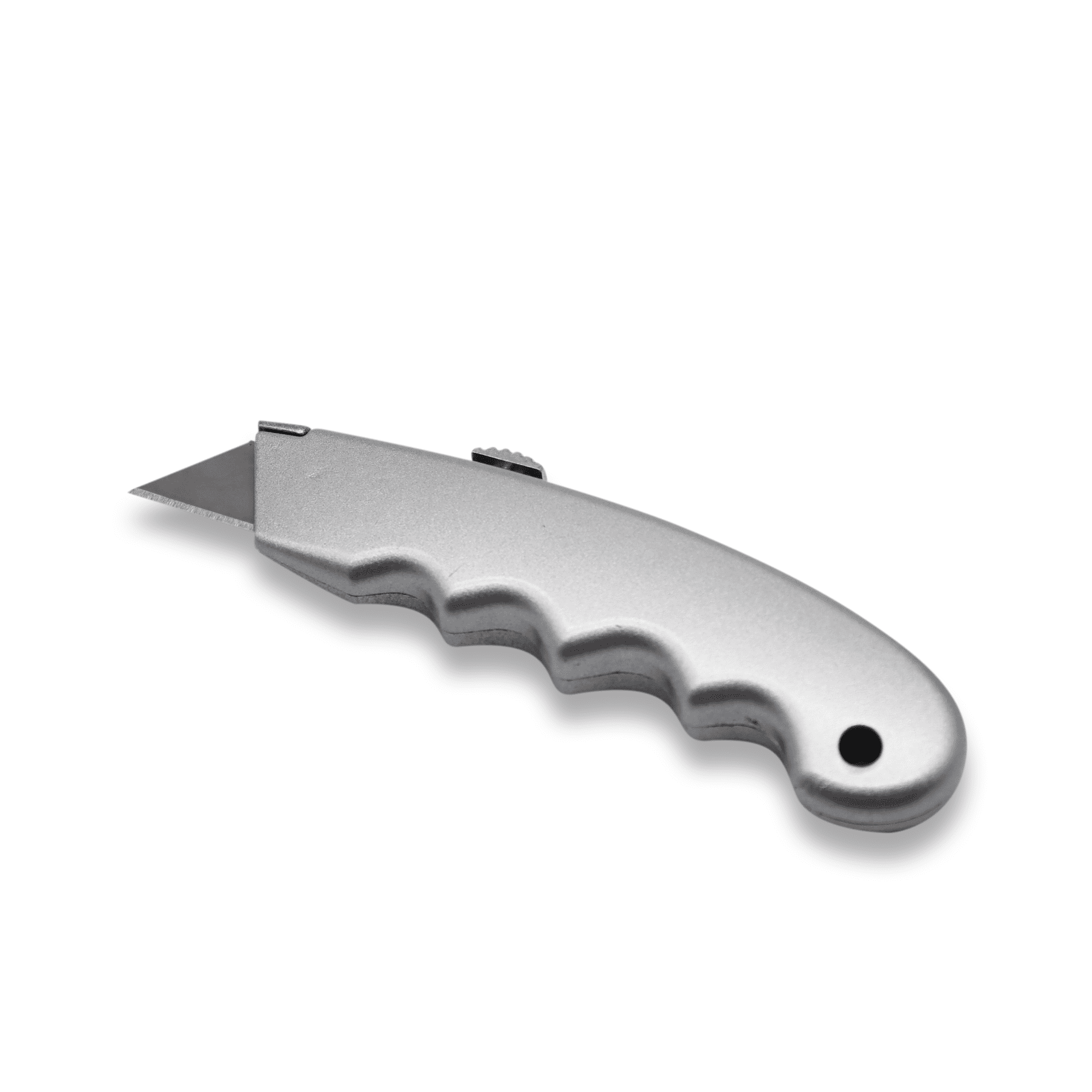 A silver utility knife with a textured handle and retractable blade, featuring a small hole for attachment.