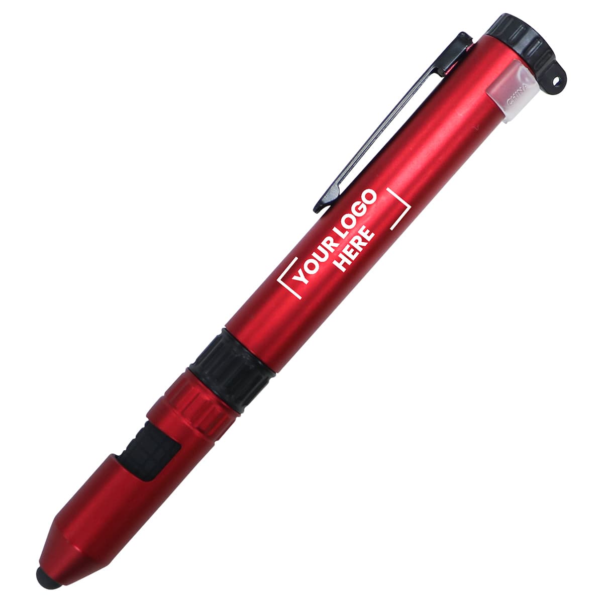A red stylus pen with a logo and a clip, featuring a textured grip for enhanced control.