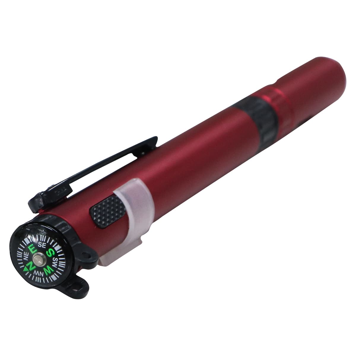A red survival stylus pen featuring a built-in compass and clip for easy attachment, also displaying a logo.