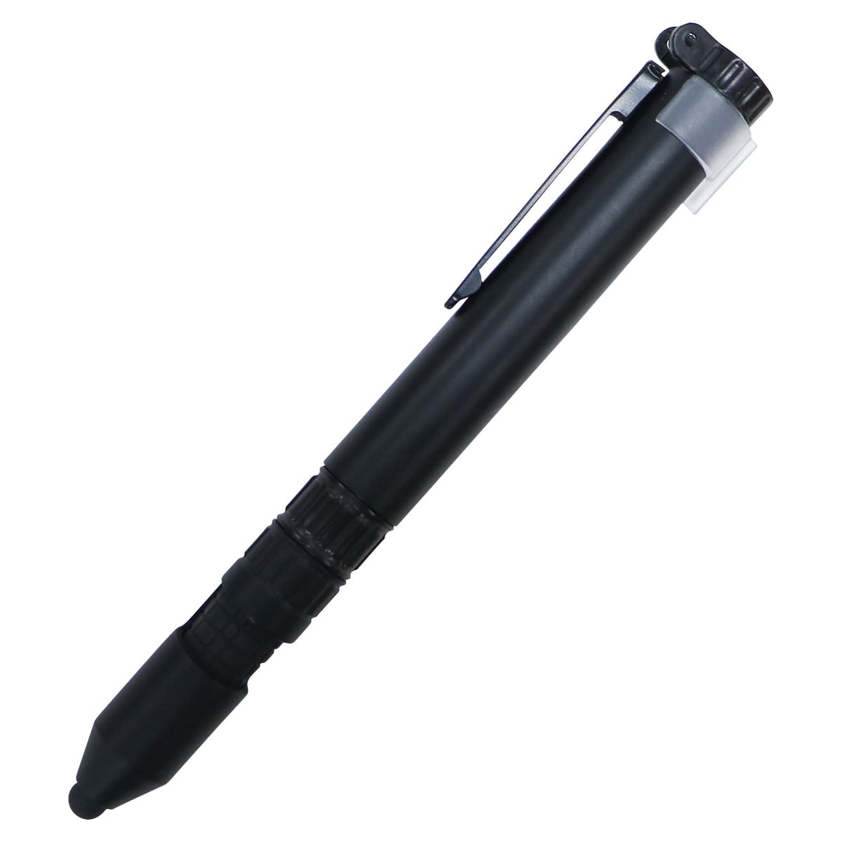 A black stylus pen with a clip and a rubber tip, featuring a metallic finish and an integrated design.