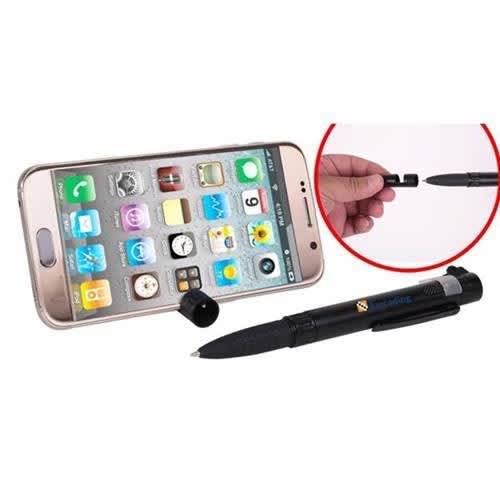 A black stylus pen displayed next to a smartphone, demonstrating its dual functionality as a writing tool.