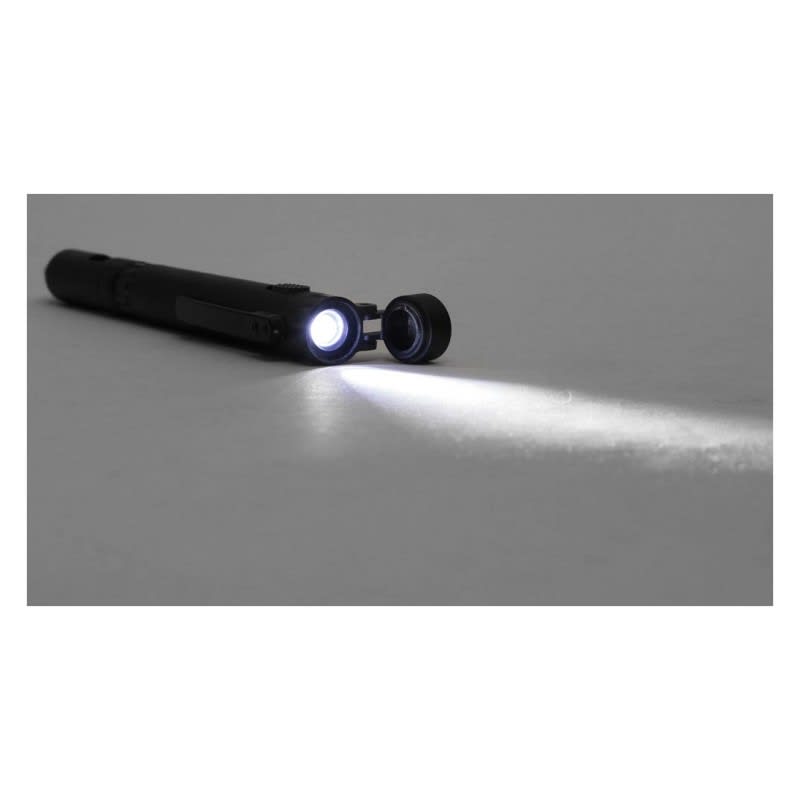A black stylus pen with a built-in flashlight, emitting a bright beam of light. It features a detachable cap.