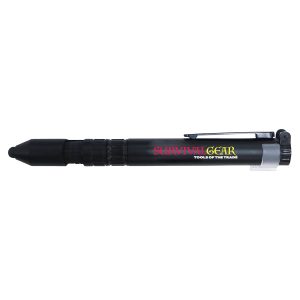 A black stylus pen featuring a clip and a textured grip, with a branding logo on its side.