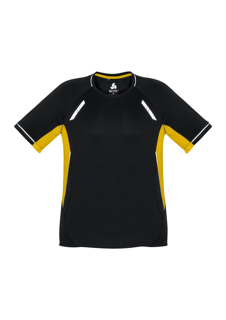 A black and yellow short sleeve tee with reflective accents and a logo on the front.