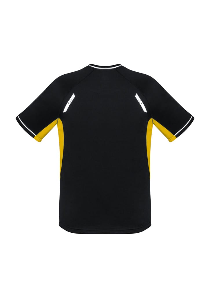 A black and yellow short sleeve tee featuring a sporty design and reflective accents, with a logo on the front.