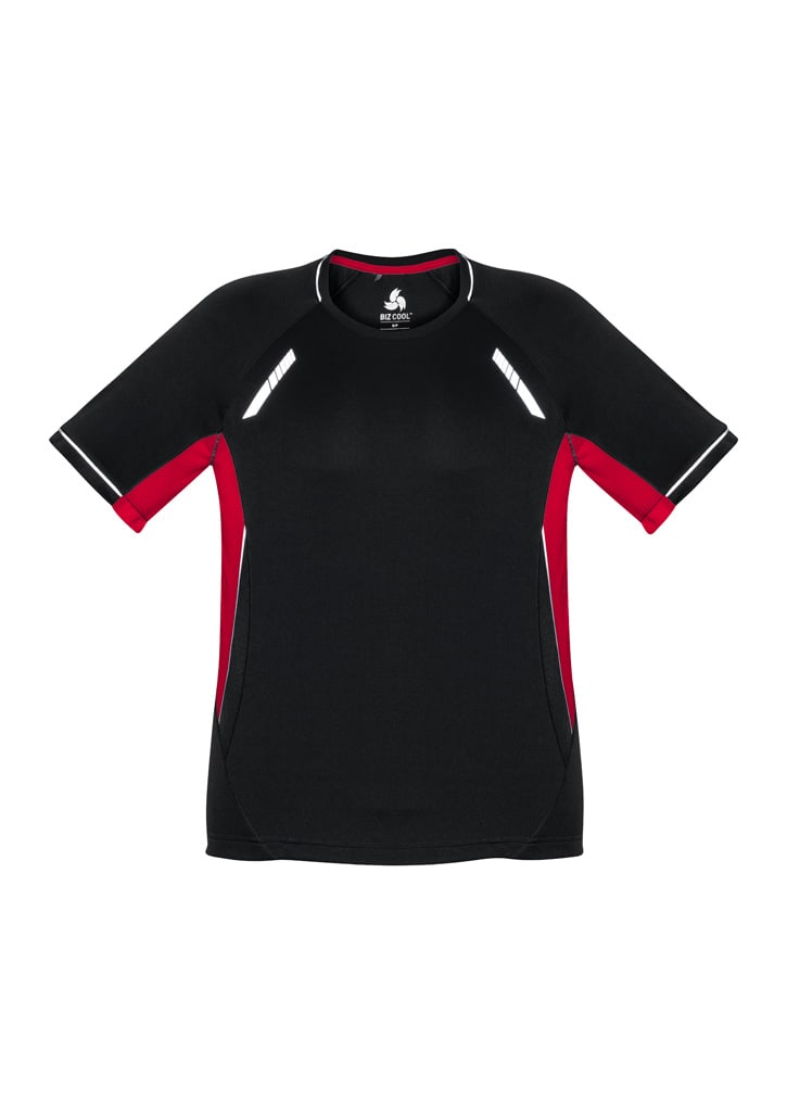 A black and red short sleeve t-shirt featuring sporty design elements and a logo.