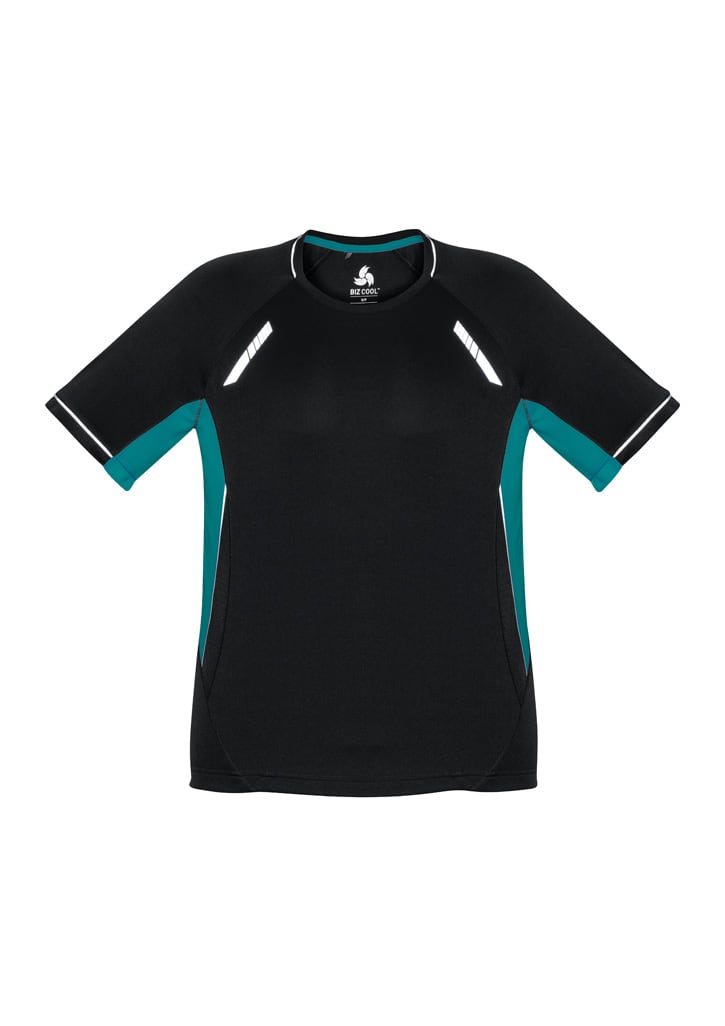 A black short sleeve tee with teal accents and a logo on the front. Ideal for active wear.