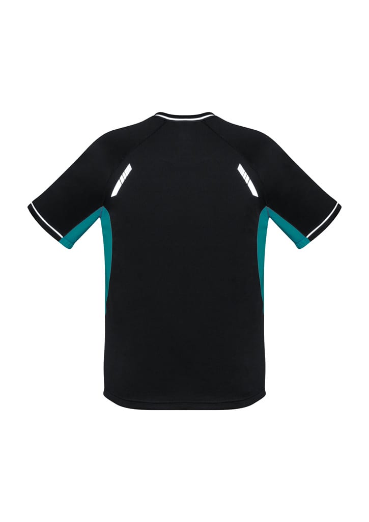 A black short sleeve tee featuring turquoise accents and reflective details. The design includes a logo on the back.