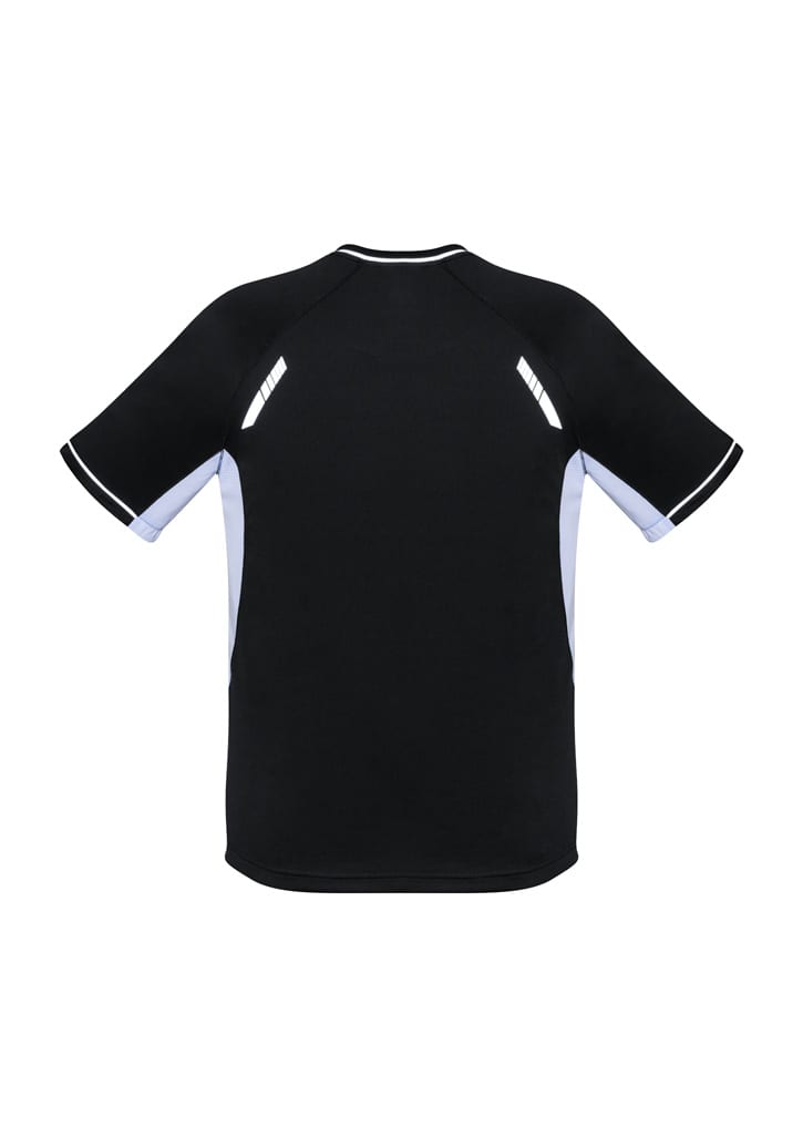 A black short sleeve tee with light blue accents and reflective details, featuring a logo.