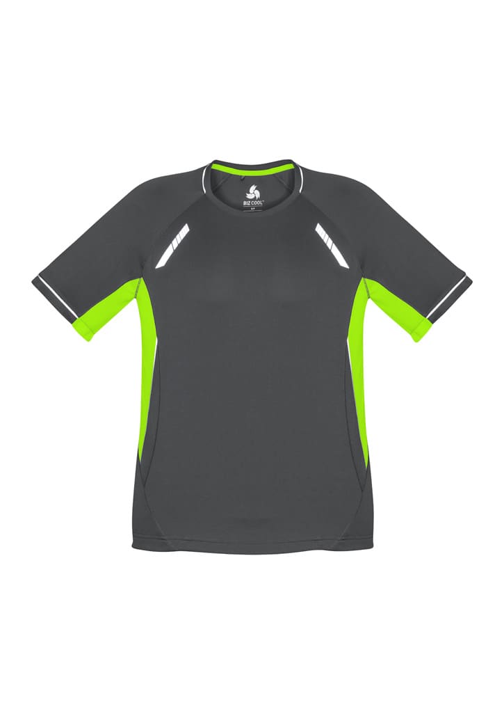A short sleeve tee in grey with bright green detailing and reflective accents, featuring a logo.