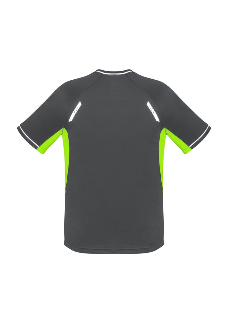 A short sleeve T-shirt in grey with bright green accents and reflective detailing on the back. It has a logo.