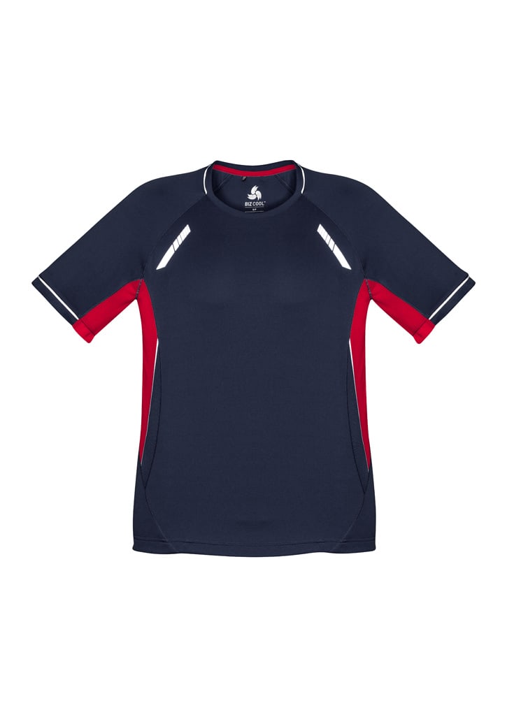 A navy blue short sleeve tee with red accents and reflective details, featuring a logo.