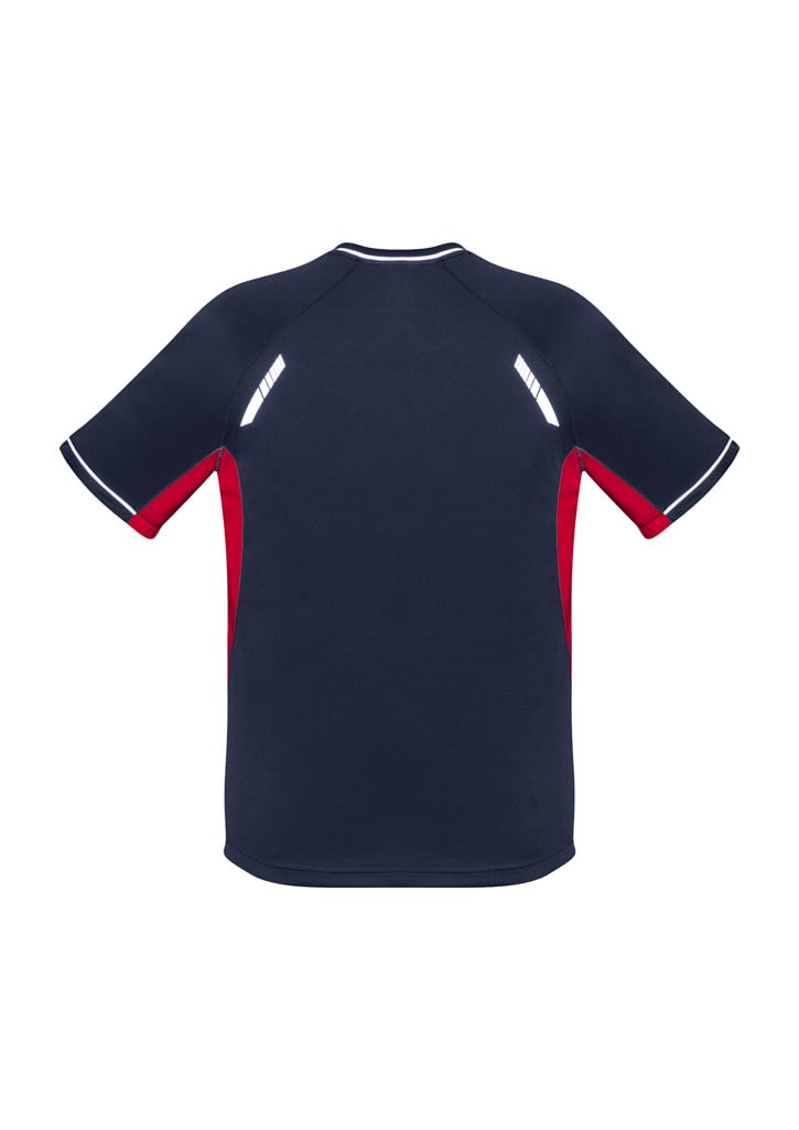 A navy blue short sleeve tee with red accents and reflective detailing, featuring a logo on the back.