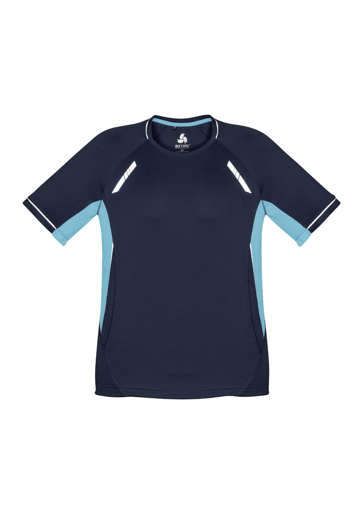 A navy blue short sleeve tee with light blue accents and reflective detailing. It features a branding logo.
