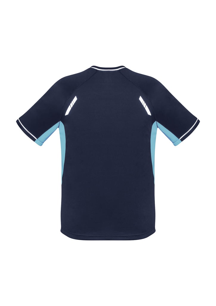 A navy blue short sleeve tee with light blue accents and reflective detailing, featuring a logo.