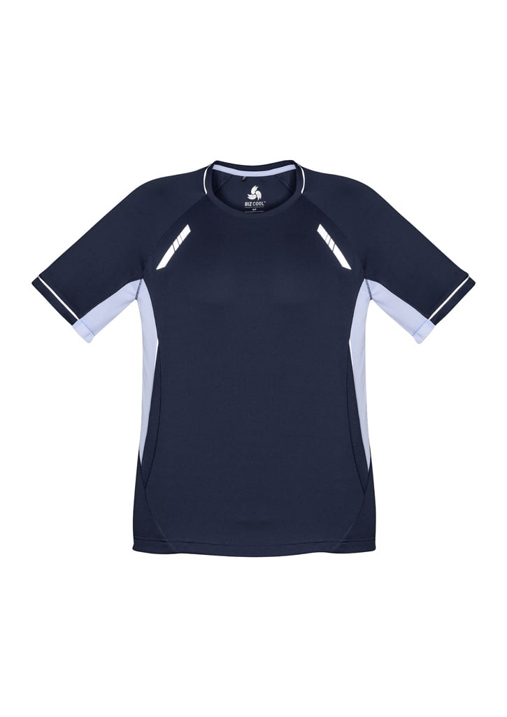 A navy blue short sleeve tee featuring contrasting light blue side panels and a logo on the neckline.