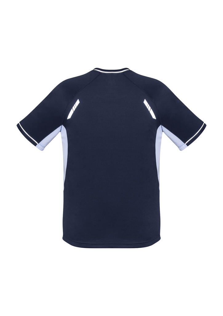 A navy blue short sleeve tee with contrasting light blue details and reflective accents. Features branding.