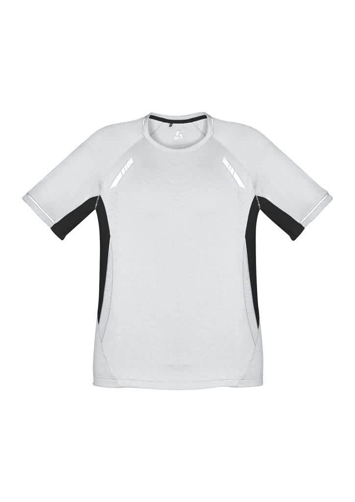 A short sleeve tee in light grey with black accents and reflective details, featuring a logo.