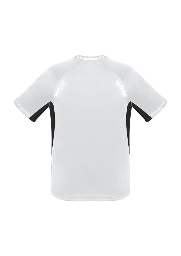 A short sleeve tee featuring a white body with black accents and a logo on the back.