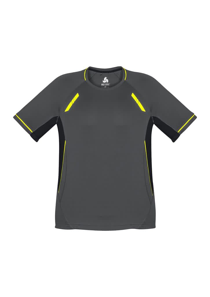 A short sleeve tee in charcoal grey with vibrant yellow accents and a contrasting black design. Features a logo.