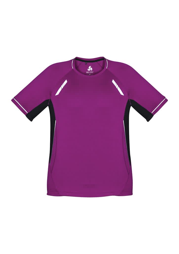 A purple short sleeve tee with black side panels and a logo, designed for kids.