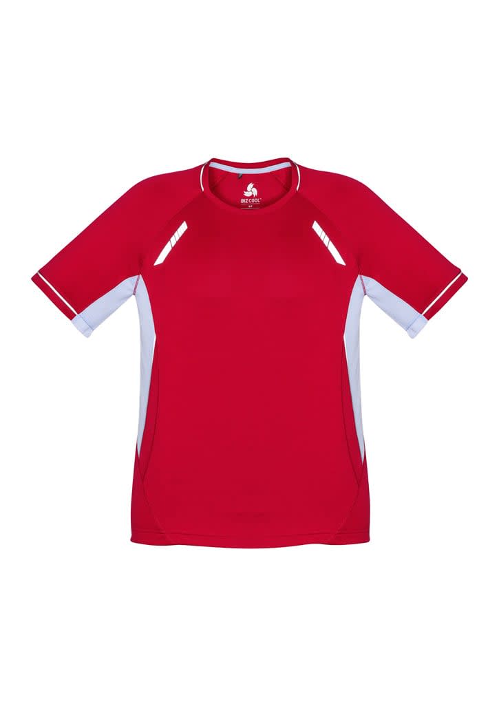 A red short sleeve tee with white accents and a logo on the chest. Lightweight and casual design for kids.