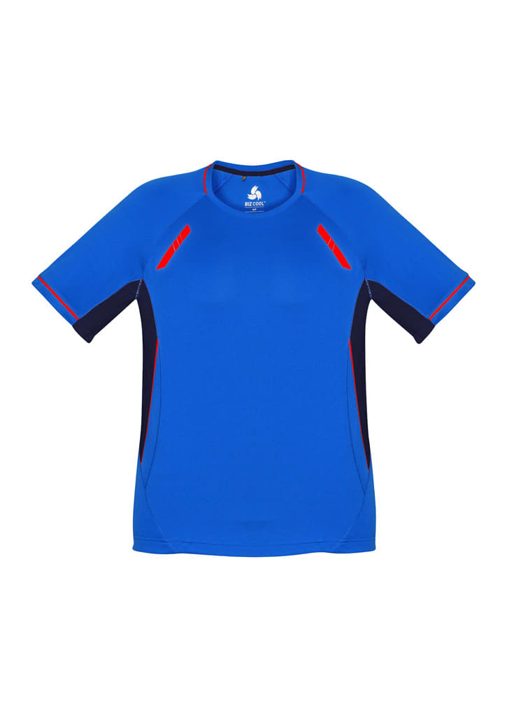 A blue short sleeve tee with contrasting navy and red accents and a logo on the chest.