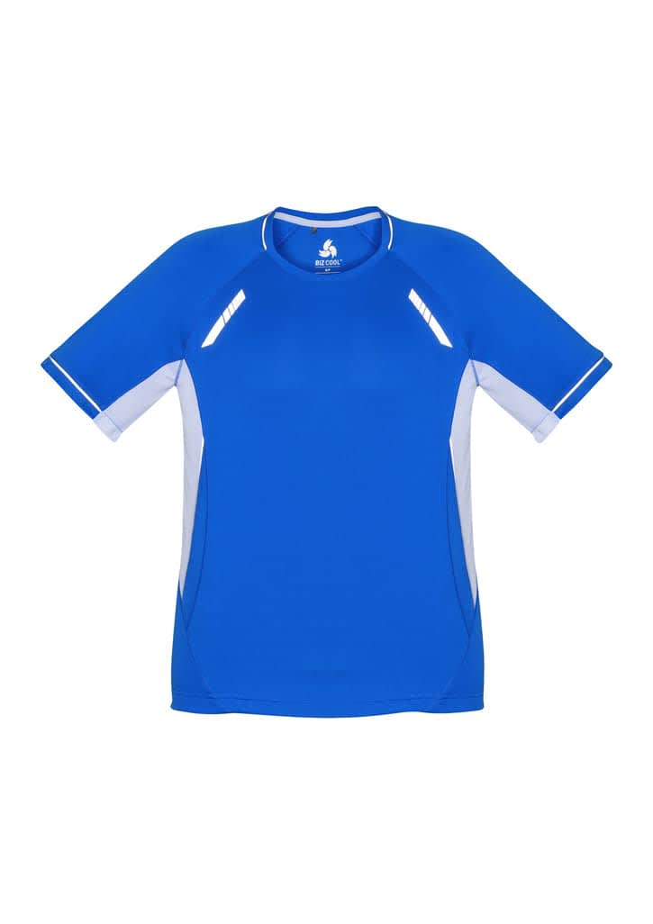 A blue short sleeve T-shirt with white accents and a logo on the front.