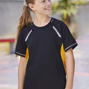 A black and yellow short sleeve tee with a logo, featuring contrasting side panels and sporty accents.
