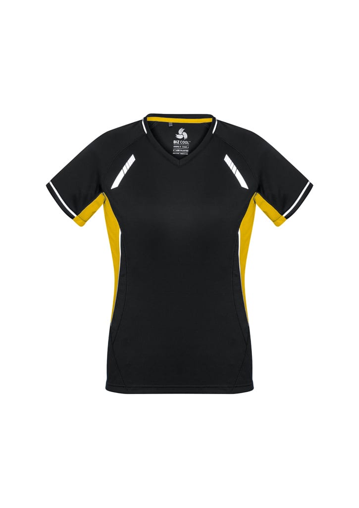 A black and yellow women's short sleeve tee with contrasting side panels and reflective detailing. It features a logo.