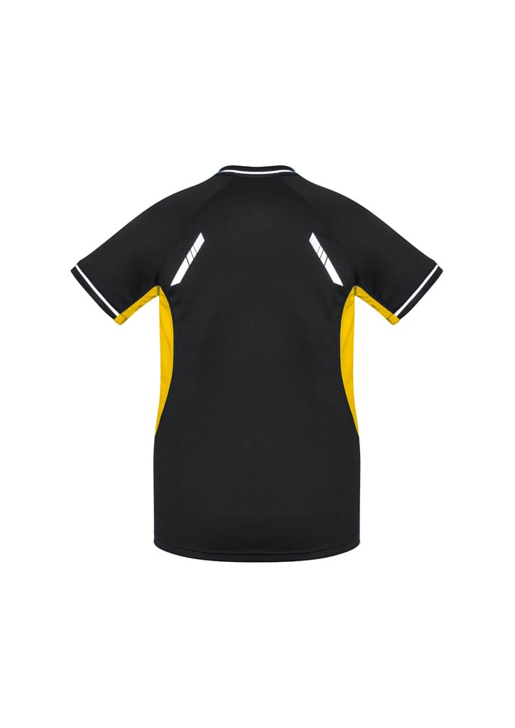 A women's short sleeve tee in black with yellow accents and a logo. Features a sleek design with contrasting colours.