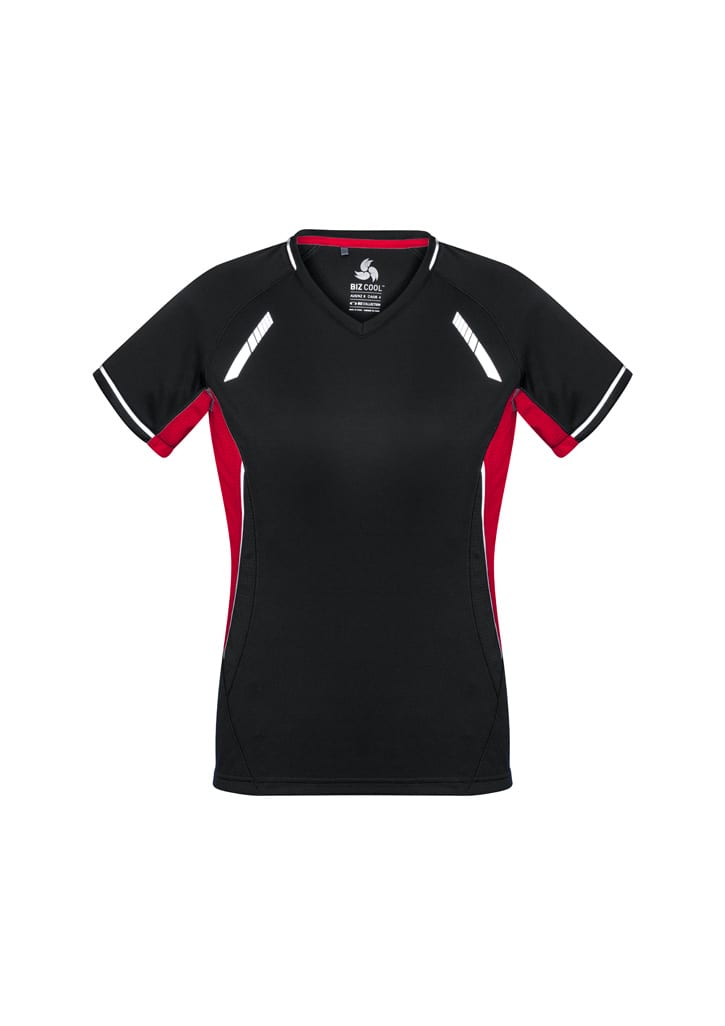 A black and red short sleeve tee with a v-neck and contrasting side panels, featuring a logo.