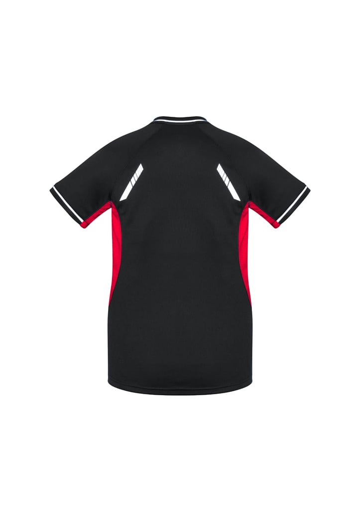 A black and red short sleeve tee with a logo, featuring a sporty design and contrasting panel details.