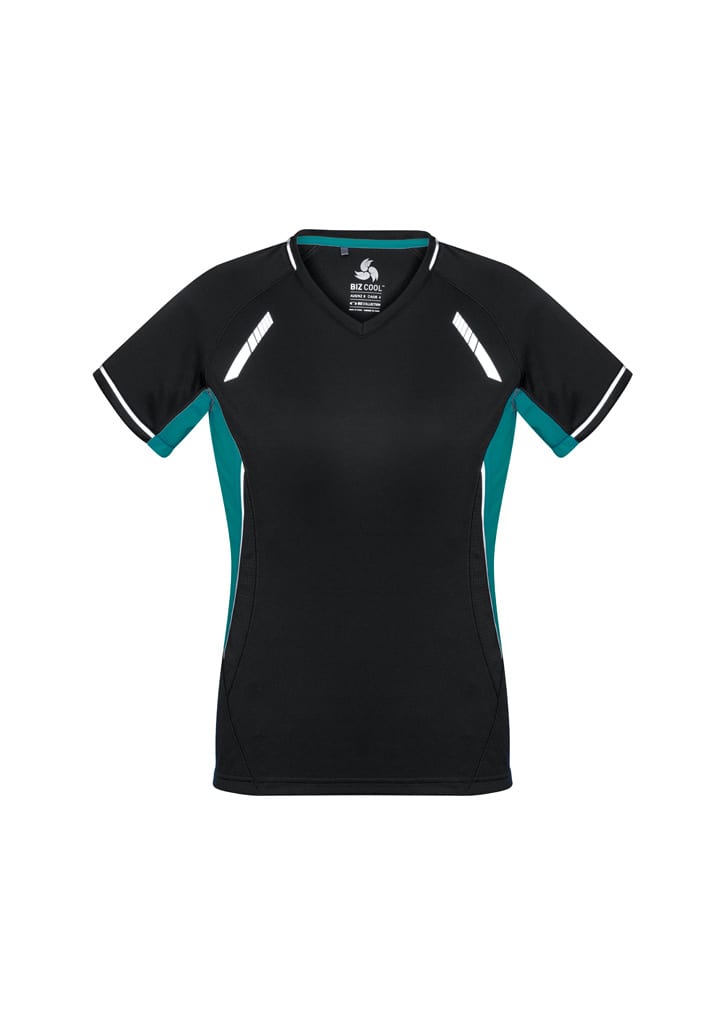 A black and teal women's short sleeve tee with a v-neck design and white accents, featuring a logo.