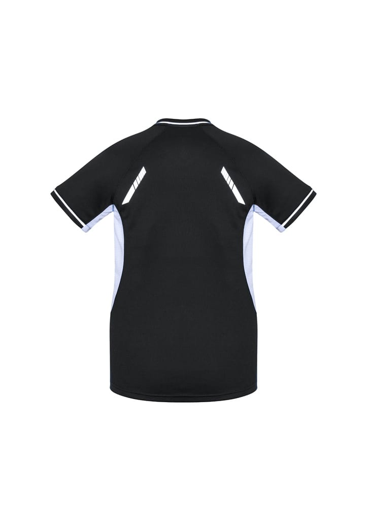 A black women's short sleeve tee featuring blue accents and a logo on the back.