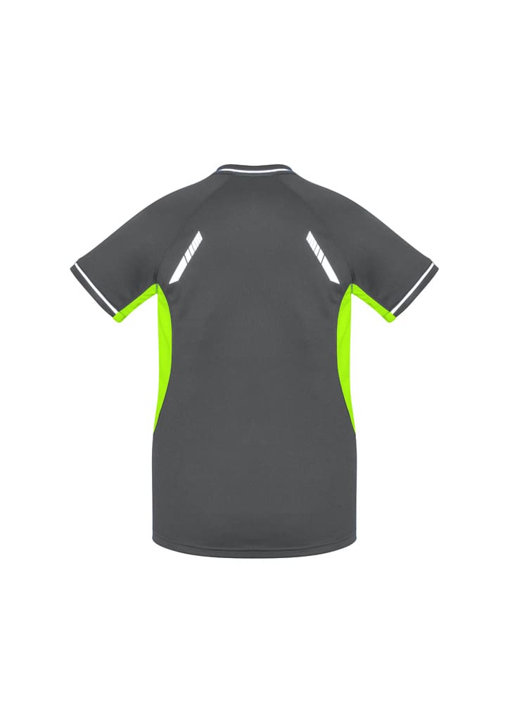 A short sleeve tee in grey with neon green accents and reflective detailing, featuring a logo.