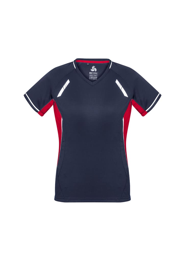 A navy and red women's short sleeve tee featuring a V-neck and reflective details, with a logo on the collar.